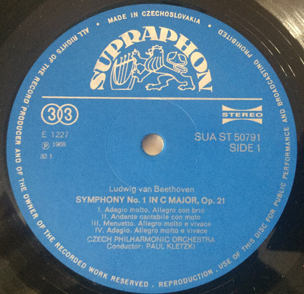Ludwig van Beethoven : Symphony No. 1 In C Major - Symphony No. 8 In F Major. Czech Philharmonic Orchestra, Conductor Paul Kletzki.  (LP, RP)