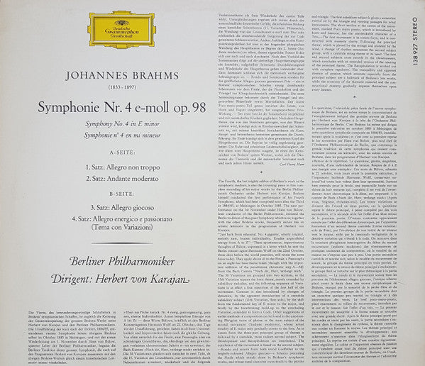 Herbert von Karajan, Johannes Brahms, Berliner Philharmoniker : Symphonie Nr. 4 (LP, GY5)