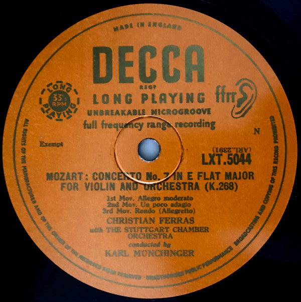 Wolfgang Amadeus Mozart, Christian Ferras, Stuttgarter Kammerorchester Conducted By Karl Münchinger : Concerto No.3 / Concerto No.7 (LP, Mono, 1st)