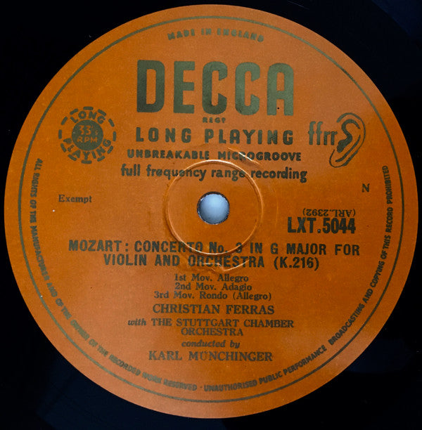 Wolfgang Amadeus Mozart, Christian Ferras, Stuttgarter Kammerorchester Conducted By Karl Münchinger : Concerto No.3 / Concerto No.7 (LP, Mono, 1st)