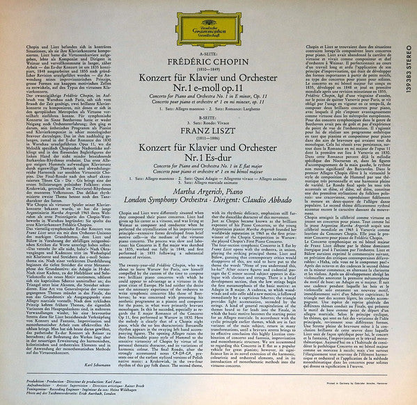 Frédéric Chopin / Franz Liszt - Martha Argerich · London Symphony Orchestra · Claudio Abbado : Chopin: Klavierkonzert Nr. 1 · Liszt: Klavierkonzert Nr. 1 (LP, Album, RE)