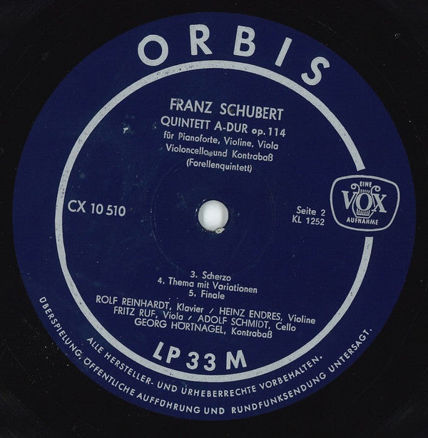Franz Schubert : Quintett A-Dur Op. 114 Für Pianoforte, Violine, Viola, Violoncello Und Kontrabaß ( Forellenquintett) (LP, Album)