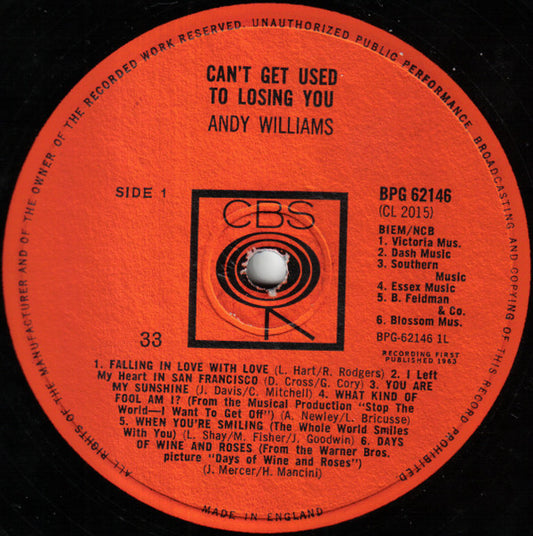 Andy Williams : Can't Get Used To Losing You (LP, Album, Mono, Phi)