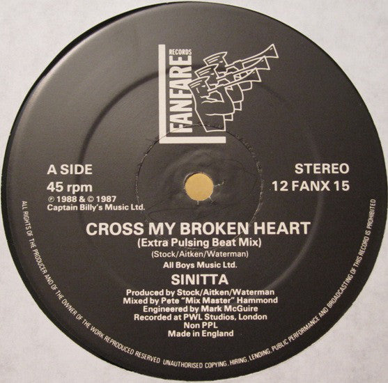 Sinitta : Cross My Broken Heart (Remix - Extra Pulsing Beat Mix) (12", EP)