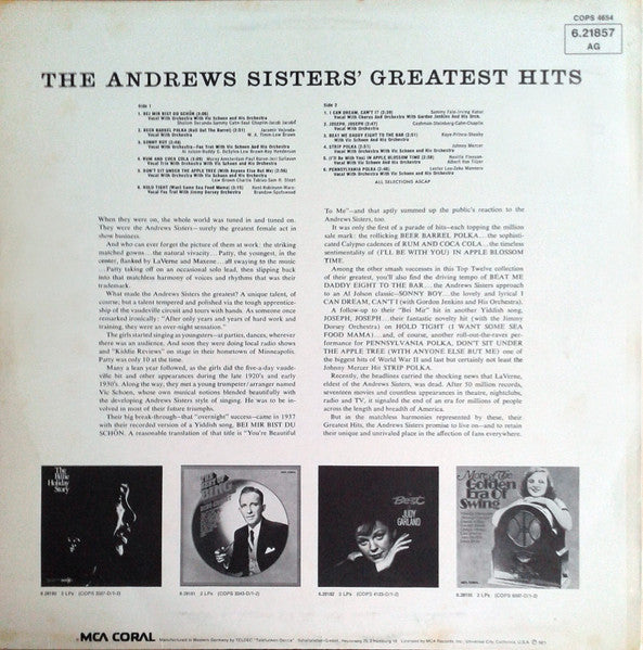 The Andrews Sisters : Greatest Hits (LP, Comp, RE)