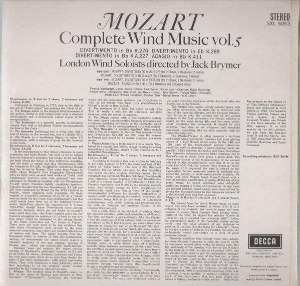 Wolfgang Amadeus Mozart / London Wind Soloists, Jack Brymer : Complete Wind Music Vol. 5 (LP)