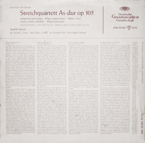 Antonín Dvořák, Janáček Quartet, Jiří Trávníček, Adolf Sýkora, Jiří Kratochvíl, Karel Krafka : Streichquartett As-dur Op. 105 (LP, Mono)