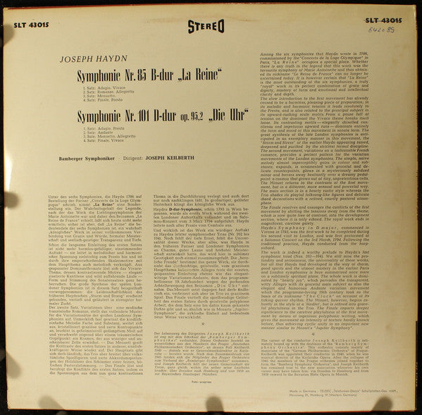 Joseph Haydn - Joseph Keilberth, Bamberger Symphoniker : Symphonie Nr. 85 B-dur "La Reine", Symphonie Nr. 101 D-dur Op. 95,2 "Die Uhr" (LP)