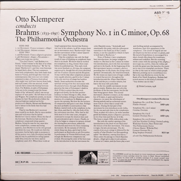 Otto Klemperer, Philharmonia Orchestra, Johannes Brahms : Symphony No. 1 In C Minor (LP, Album, RE, RP)