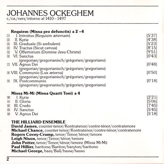 Johannes Ockeghem, The Hilliard Ensemble : Requiem • Missa Mi-Mi (CD, Album)