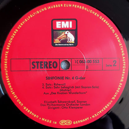 Gustav Mahler, Elisabeth Schwarzkopf, Otto Klemperer, Philharmonia Orchestra : Vierte Sinfonie G-dur (LP, RE)