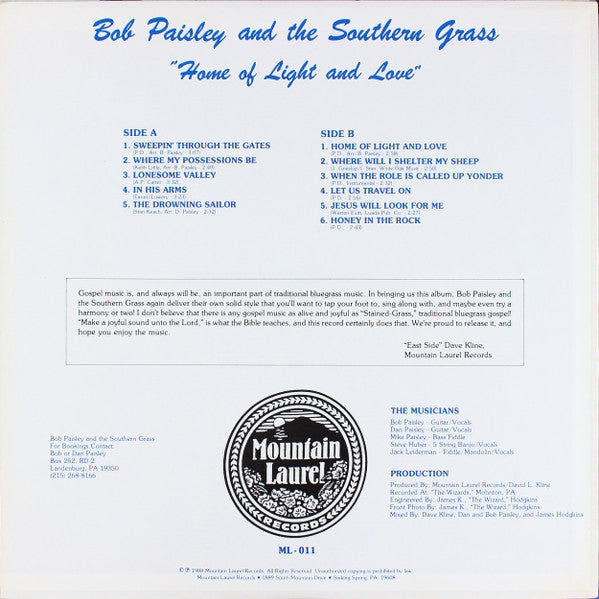 Bob Paisley And The Southern Grass : Home Of Light And Love (LP, Album)