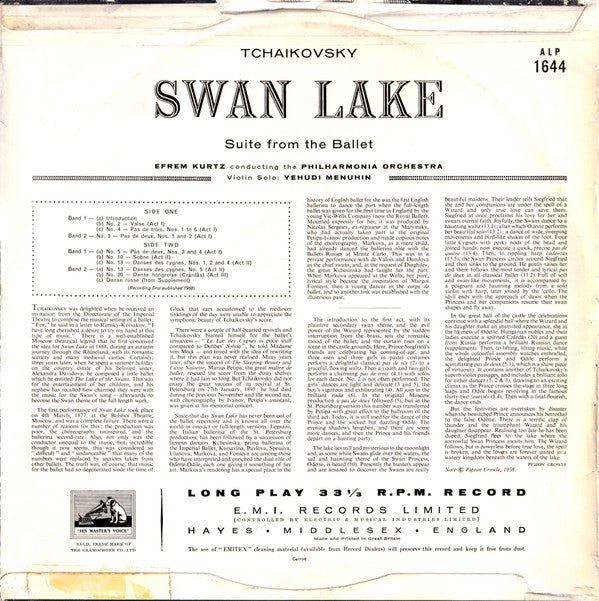 Pyotr Ilyich Tchaikovsky / Efrem Kurtz / Philharmonia Orchestra / Yehudi Menuhin : Swan Lake: Suite From The Ballet (LP, Mono)