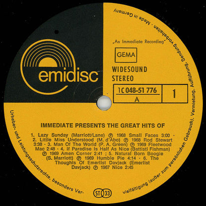 Various : Immediate Presents The Great Hits Of (LP, Comp)