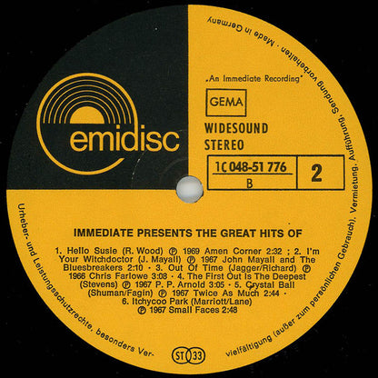 Various : Immediate Presents The Great Hits Of (LP, Comp)