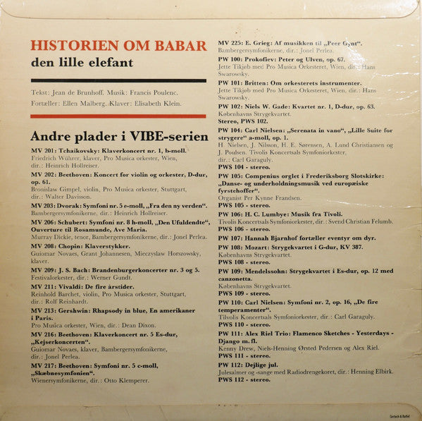 Jean De Brunhoff, Francis Poulenc, Ellen Malberg, Elisabeth Klein : Historien Om Babar (Den Lille Elefant) (10", Album, Mono)