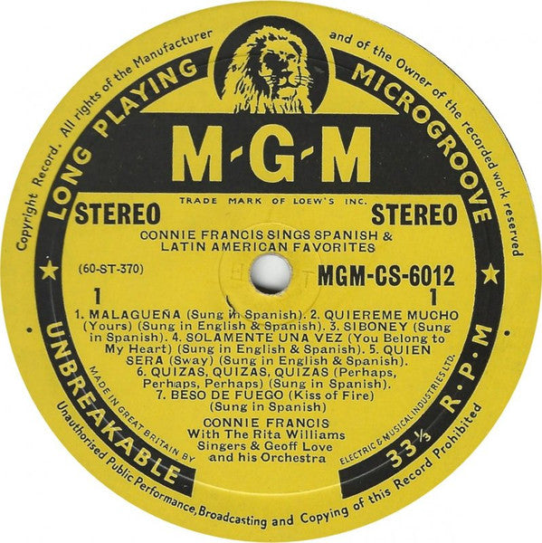 Connie Francis : Sings Spanish & Latin American Favorites (LP, Album)