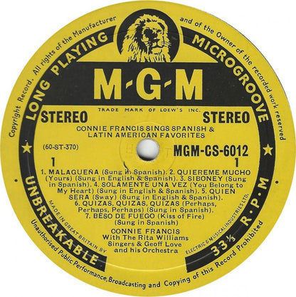 Connie Francis : Sings Spanish & Latin American Favorites (LP, Album)