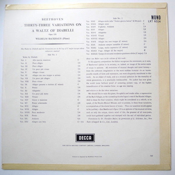 Ludwig van Beethoven, Wilhelm Backhaus : Thirty Three Variations On A Waltz By Diabelli, Op. 120 (LP, Album, Mono)