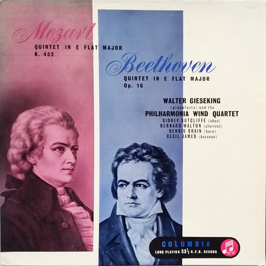 Wolfgang Amadeus Mozart, Ludwig van Beethoven - Walter Gieseking, Philharmonia Wind Quartet : Quintet In E Flat Major K. 452,  Quintet In E Flat Major Op. 16 (LP, Mono, Blu)