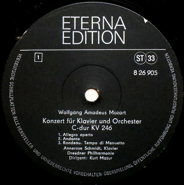 Wolfgang Amadeus Mozart, Annerose Schmidt, Dresdner Philharmonie, Kurt Masur : Klavierkonzert C-dur KV 246 / Klavierkonzert A-dur KV 414 (LP, Comp)