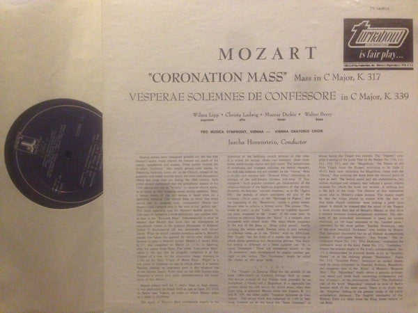 Wolfgang Amadeus Mozart, Jascha Horenstein : Coronation Mass / Vesperae Solemnes De Confessore (LP, Album)