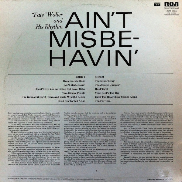 Fats Waller & His Rhythm : Ain't Misbe-havin' (LP, Comp, RE)