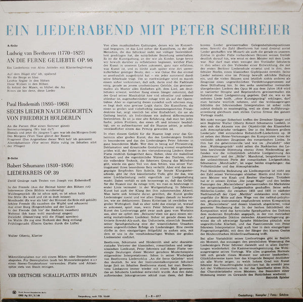 Peter Schreier, Walter Olbertz, Ludwig van Beethoven, Paul Hindemith, Robert Schumann, Joseph Von Eichendorff : Ein Liederabend Mit Peter Schreier (An Die Ferne Geliebte / 6 Hölderlinlieder / Liederkreis Op. 39) (LP, RP)