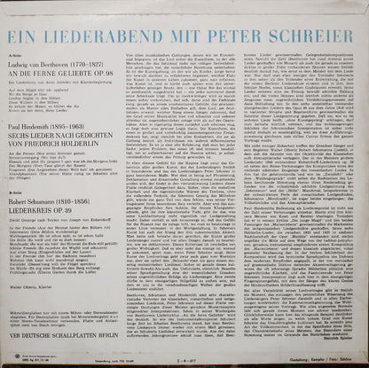 Peter Schreier, Walter Olbertz, Ludwig van Beethoven, Paul Hindemith, Robert Schumann, Joseph Von Eichendorff : Ein Liederabend Mit Peter Schreier (An Die Ferne Geliebte / 6 Hölderlinlieder / Liederkreis Op. 39) (LP, RP)