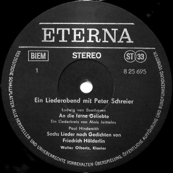 Peter Schreier, Walter Olbertz, Ludwig van Beethoven, Paul Hindemith, Robert Schumann, Joseph Von Eichendorff : Ein Liederabend Mit Peter Schreier (An Die Ferne Geliebte / 6 Hölderlinlieder / Liederkreis Op. 39) (LP, RP)