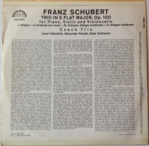 Franz Schubert, Czech Trio : Piano Trio In E Flat Major (LP, Album, Mono)