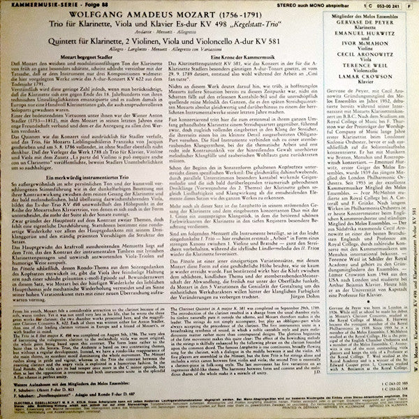 Wolfgang Amadeus Mozart - Gervase de Peyer With Members Of The Melos Ensemble Of London : Trio In E Flat Major, K.498 / Quintet In A Major, K.581 (LP, RP)