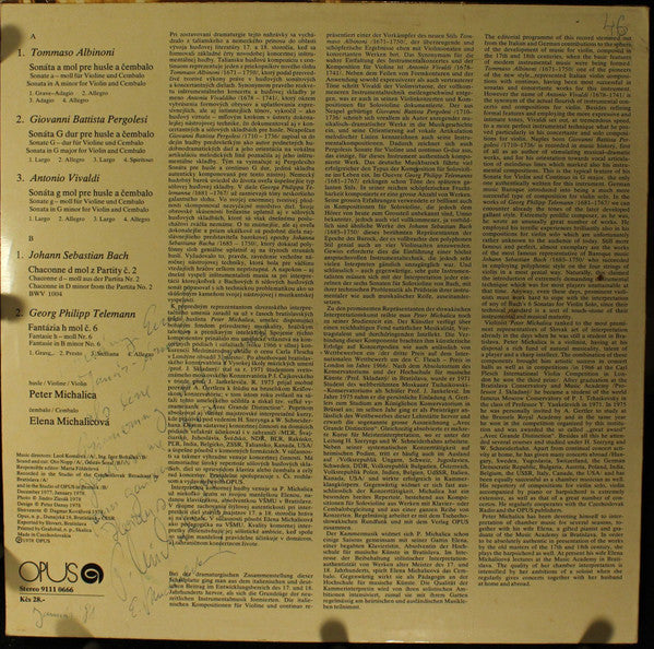 Tomaso Albinoni, Giovanni Battista Pergolesi, Antonio Vivaldi, Johann Sebastian Bach, Georg Philipp Telemann, Peter Michalica, Elena Michalicová : Albinoni, Pergolesi, Vivaldi, Bach, Telemann (LP)
