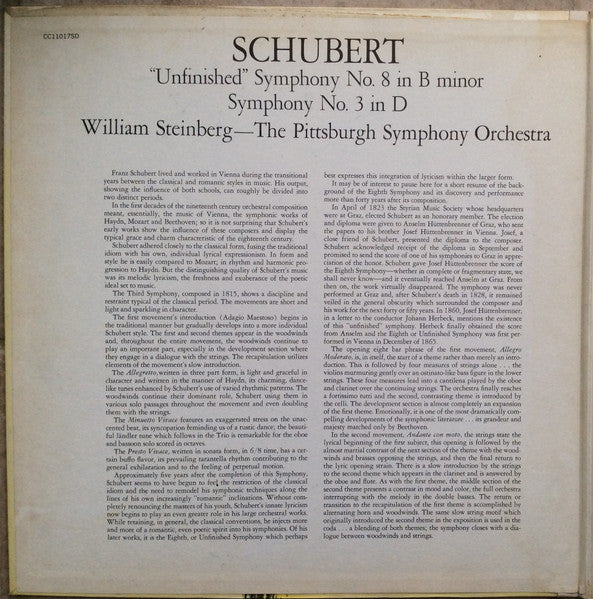Franz Schubert :  William Steinberg — Pittsburgh Symphony Orchestra : "Unfinished" Symphony No. 8 In B Minor / Symphony No. 3 In D (LP, Gat)