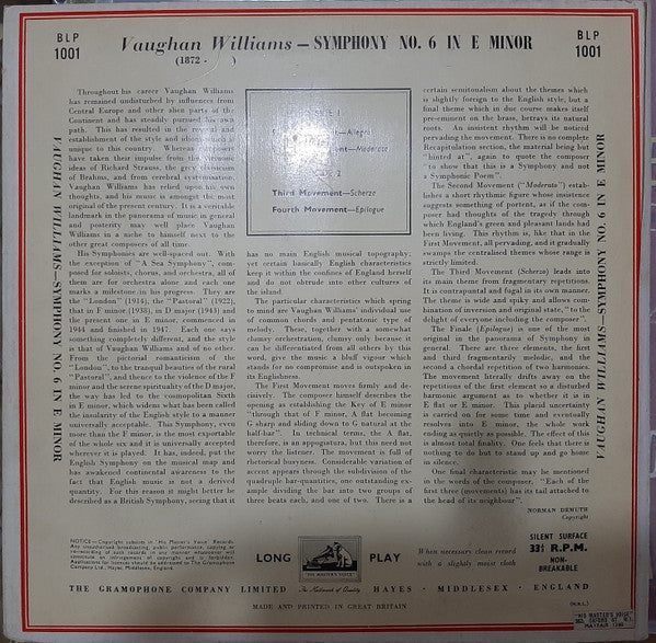 Ralph Vaughan Williams, Sir Adrian Boult Conducting London Symphony Orchestra : Symphony No. 6 In E Minor (10", Album, Gat)