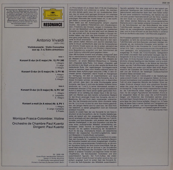 Antonio Vivaldi - Monique Frasca-Colombier, Paul Kuentz, Orchestre De Chambre Paul Kuentz : Violinkonzerte (LP, RE)