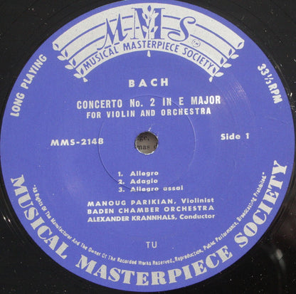 Johann Sebastian Bach - Manoug Parikian, Badisches Kammerorchester, Alexander Krannhals : Violinkonzerte Nr. 1 In A-moll, Nr. 2 In E-dur (LP)