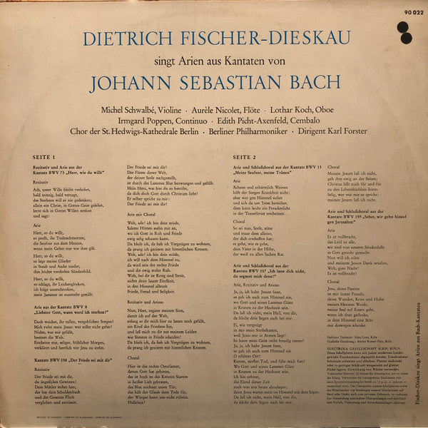 Dietrich Fischer-Dieskau, Berliner Philharmoniker, Karl Forster : Dietrich Fischer-Dieskau Singt Arien Aus Kantaten von Johann Sebastian Bach (LP)