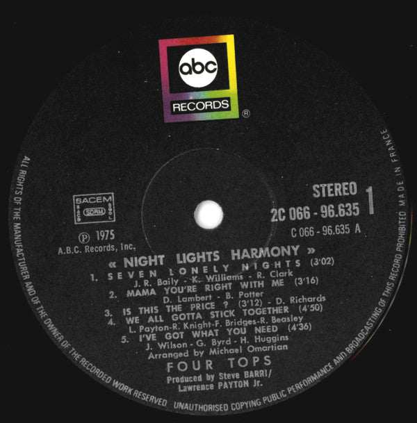 Four Tops : Night Lights Harmony (LP, Album)