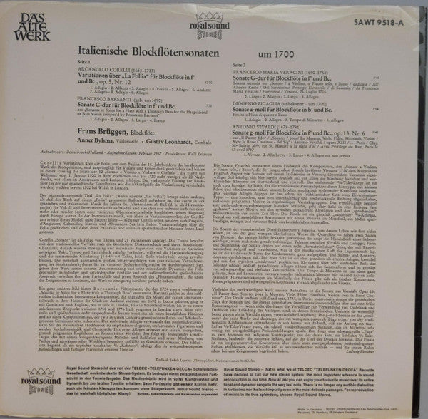 Arcangelo Corelli / Antonio Vivaldi / Francesco Maria Veracini : Italienische Blockflötensonaten Um 1700 (LP, Album, RE, Blu)