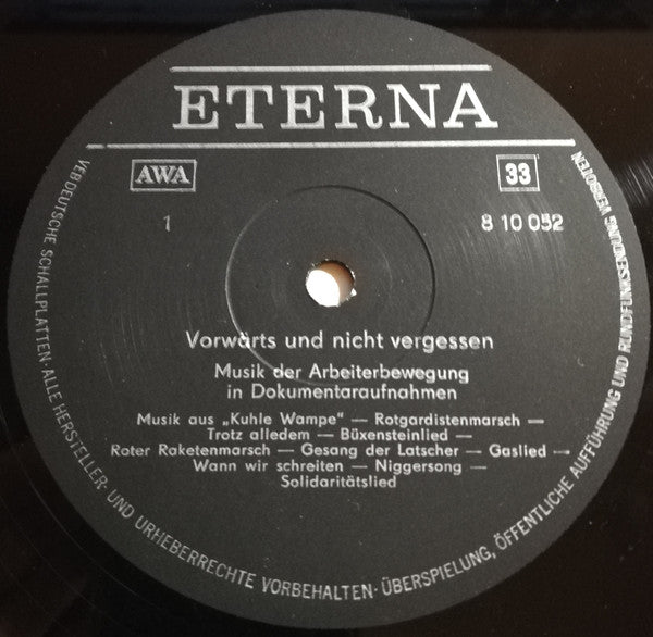 Various : Vorwärts Und Nicht Vergessen (Musik Der Arbeiterbewegung In Dokumentaraufnahmen) (LP, Comp, Mono, RP)