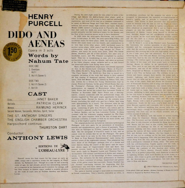 Henry Purcell, Anthony Lewis (2), English Chamber Orchestra : Dido And Aeneas (LP, 1st)