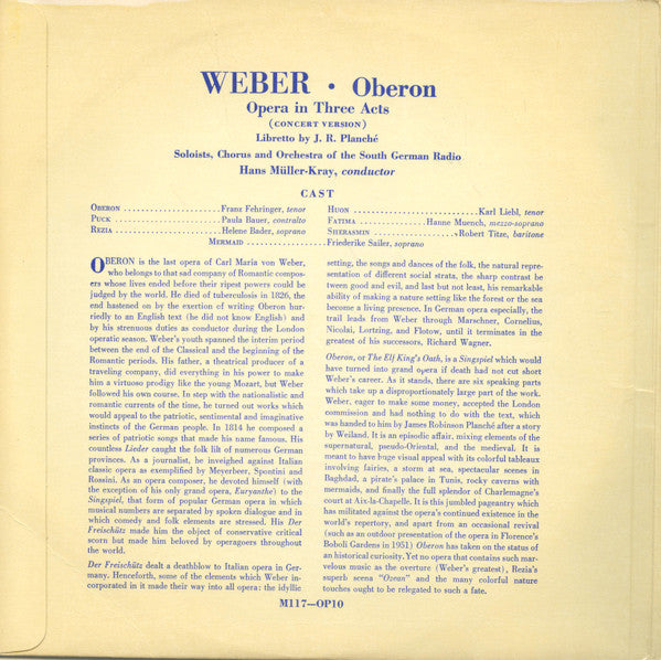 Carl Maria von Weber, Hans Müller-Kray, Südfunk-Sinfonieorchester, Franz Fehringer, Paula Bauer, Karl Liebl, Hanne Münch, Robert Titze, Friederike Sailer : Oberon (Concert Version) (2x10")