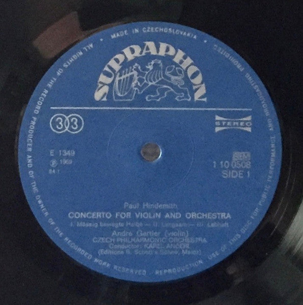 Paul Hindemith - Karl Amadeus Hartmann / André Gertler (Violin),  The Czech Philharmonic Orchestra , Conductor Karel Ančerl : Violin Concertos (LP, RP)