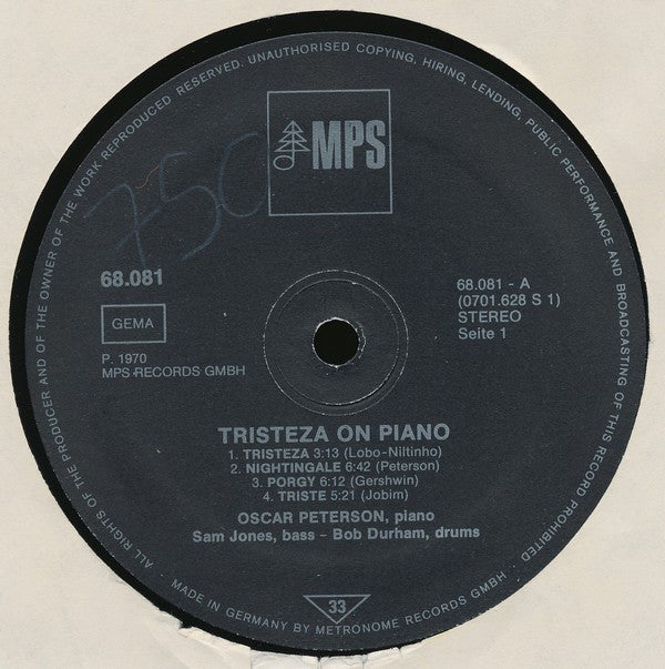 The Oscar Peterson Trio : Tristeza On Piano (LP, Album, RE, Gat)