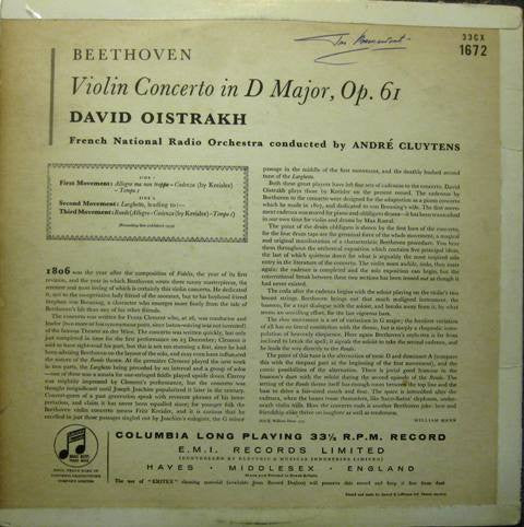 David Oistrach, Ludwig Van Beethoven, Orchestre National De France, André Cluytens : Beethoven Violin Concerto (LP, Album, Mono)