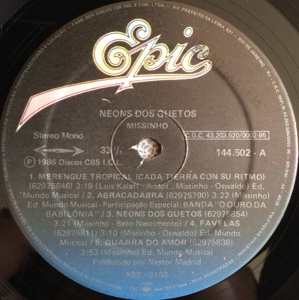 Missinho : Neons Dos Guetos (LP, Album, Mono)