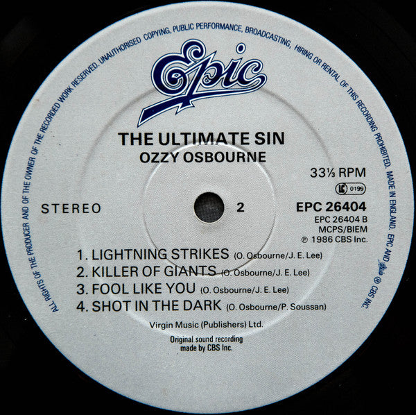 Ozzy Osbourne : The Ultimate Sin (LP, Album)