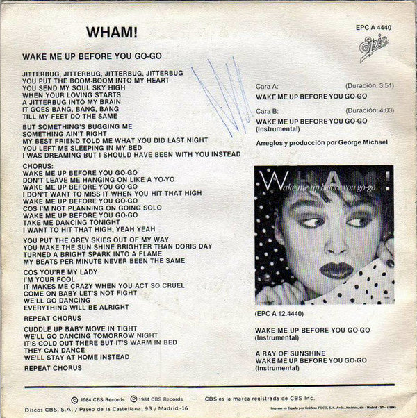 Wham! : Wake Me Up Before You Go-Go (7", Single)