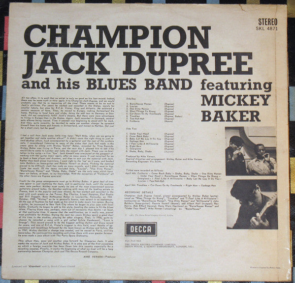 Champion Jack Dupree & His Blues Band Featuring Mickey Baker : Champion Jack Dupree And His Blues Band Featuring Mickey Baker (LP)